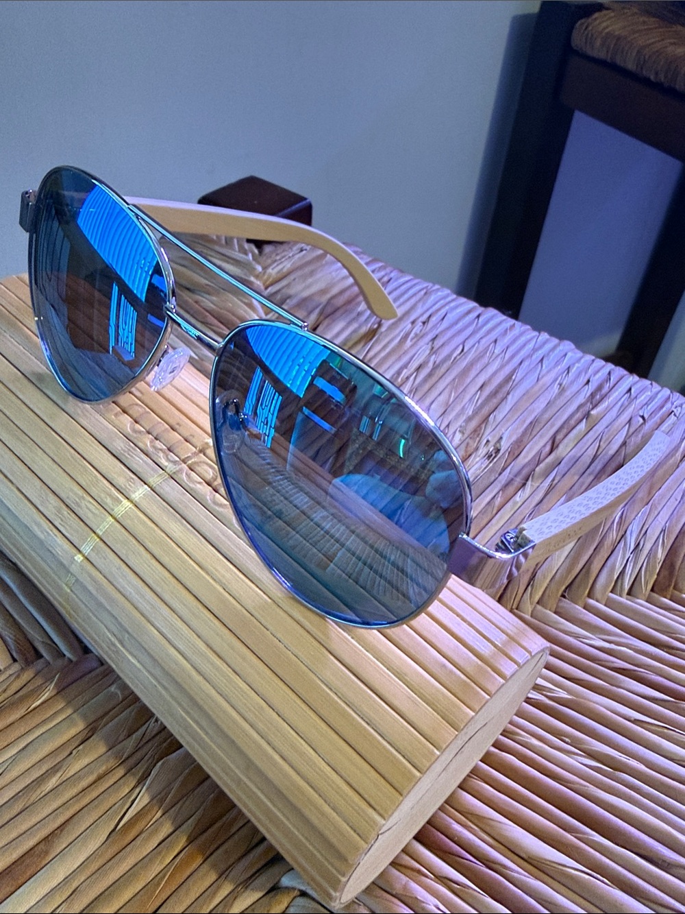 Blue Lens Aviator Sunglasses unisex with real bamboo arms and case.